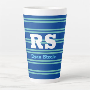 Taza De Café Latte Monograma y nombre en negrita, líneas azul claro e