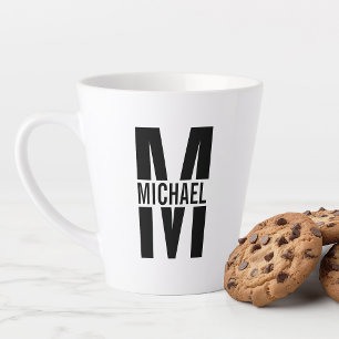Taza De Café Latte Monograma y nombre negrita negro y blanco