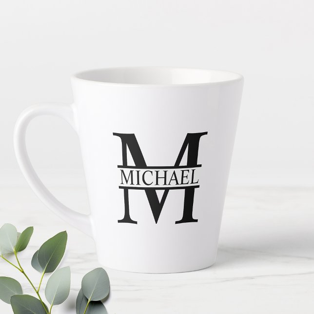 Taza De Café Latte Monograma y nombre personalizados en blanco y negr (Subido por el creador)
