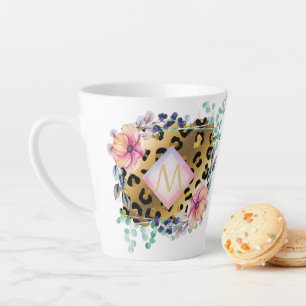 Taza De Café Latte Monogramado rosa rosado de bonito Girly Leopard Pr