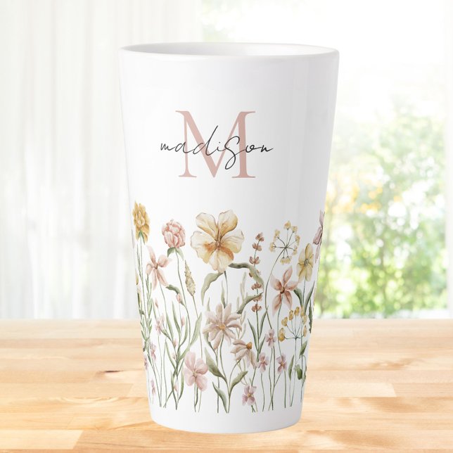 Taza De Café Latte Monogramo Acuarela Flor silvestre pradera floral (In situ)