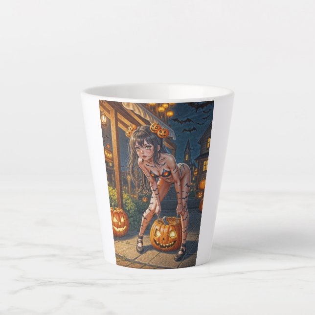 Taza De Café Latte Monstruo de Halloween Jack-o-Lantern y Chica de Ba (Anverso)