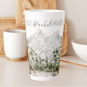 Taza De Café Latte Montaña y bosque de acuarela monogramada