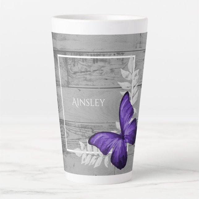 Taza De Café Latte Morada mariposa Rustica Personalizada Latte Mug (Anverso)