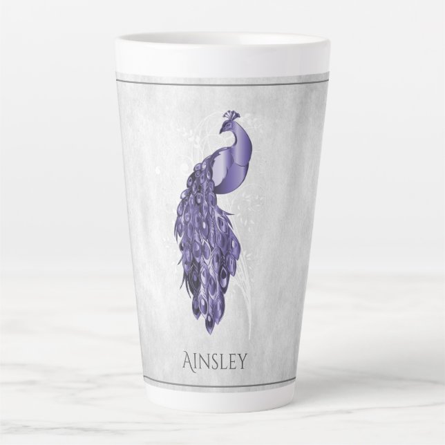Taza De Café Latte Morado elegante pavo real personalizado latte mug (Anverso)