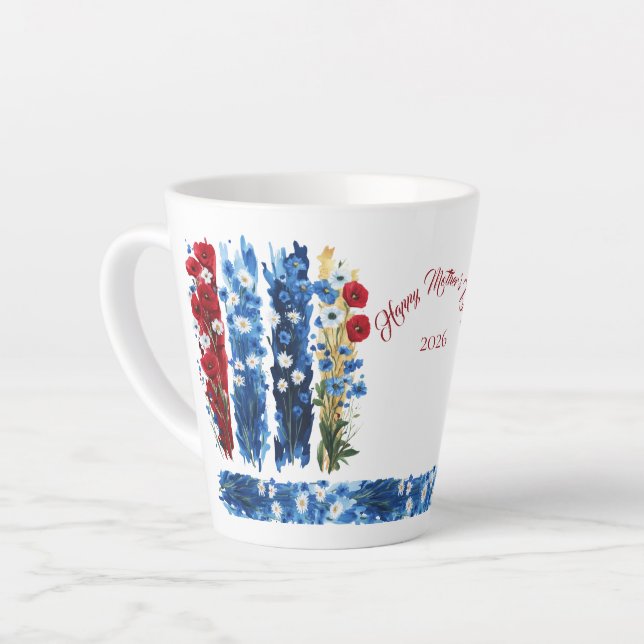 Taza De Café Latte Mother's Day 2026 Brush Strokes Wildflowers Latte (Ángulo izquierdo)