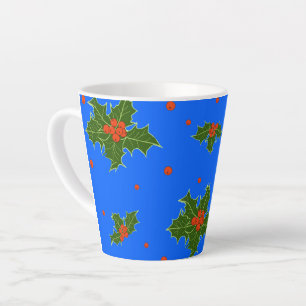 Taza De Café Latte Motif de los Navidades Holly (Ilex) sobre fondo az