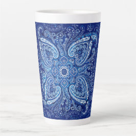 Taza De Café Latte Motivo de paisley azul monocromático
