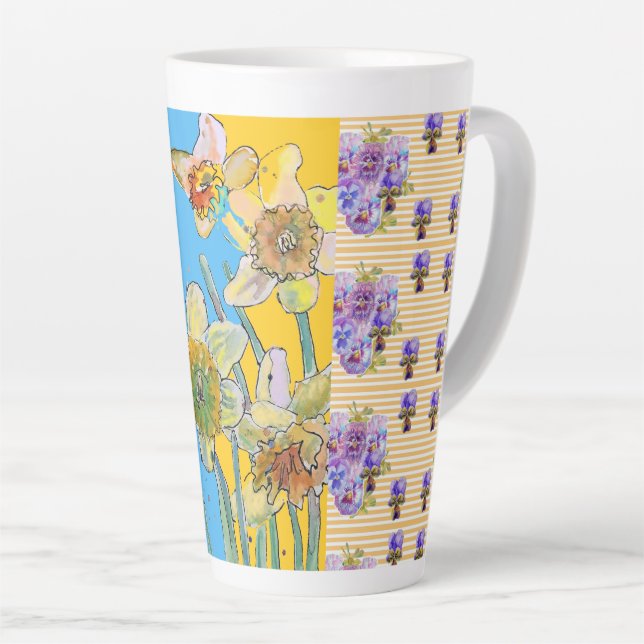 Taza De Café Latte Mug de lata floral amarillo ocaso pintado a mano (Ángulo derecho)