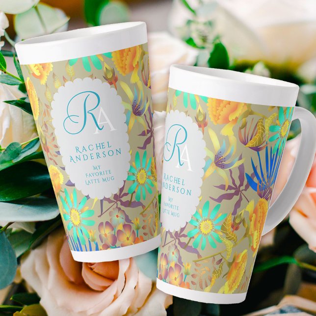 Taza De Café Latte Mug de lata gris mística floral floreciente (Blooming Mystical Floral Monogram Grey Latte Mug. )