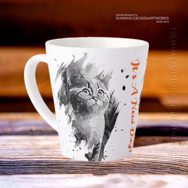Taza De Café Latte Mug de latte de gato de pintura en blanco y negro  (Subido por el creador)