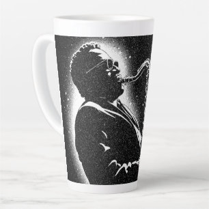 Taza De Café Latte Músico de saxofón estilo gráfico BW de los 50