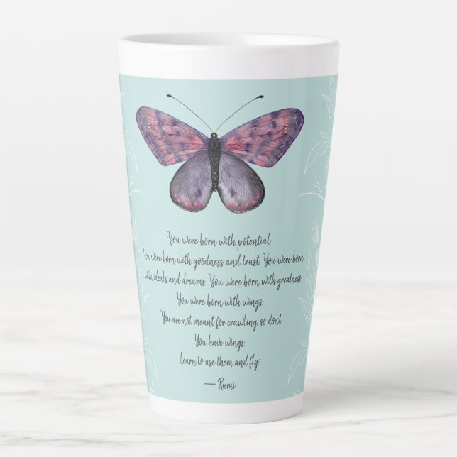 Taza De Café Latte Nacido con Wings Rumi Cita Mariposa (Anverso)
