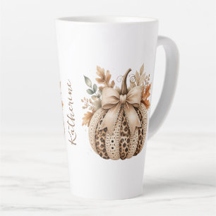 Taza De Café Latte Name Cozy Leopard Print & Crochet Pumpkin Fall
