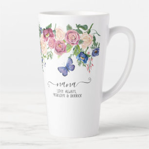 Taza De Café Latte Nana Love Abuelos nombra a la flor acuarela