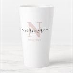 Taza De Café Latte Nanna Elegant Script Monograma Rubor Pink<br><div class="desc">Latte mug por una nueva nana o abuela establecida desde hace mucho tiempo, que puedes personalizar con la fecha en que se convirtieron en abuelos. Este diseño minimalista de diseño presenta una sutil paleta de colores rosa, negro y blanco. Tiene un monograma de amapola, con la letra inicial N y...</div>