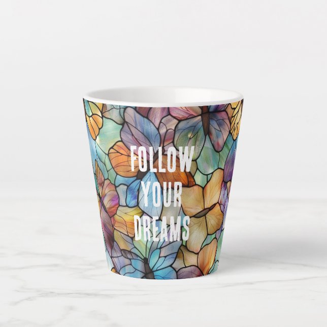 Taza De Café Latte Naranja azul turquesa Mariposas púrpura (Anverso)