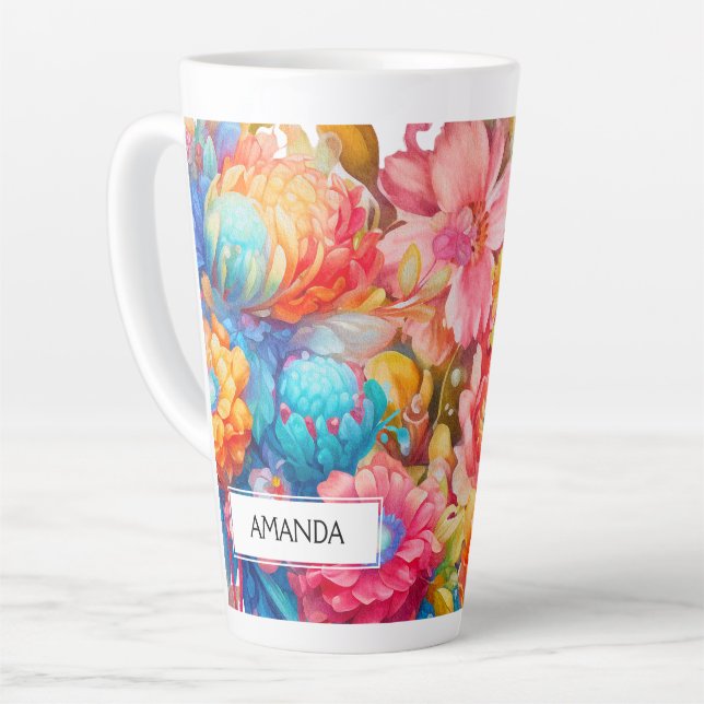 Taza De Café Latte Naranja de flores y Boho azul (Ángulo izquierdo)