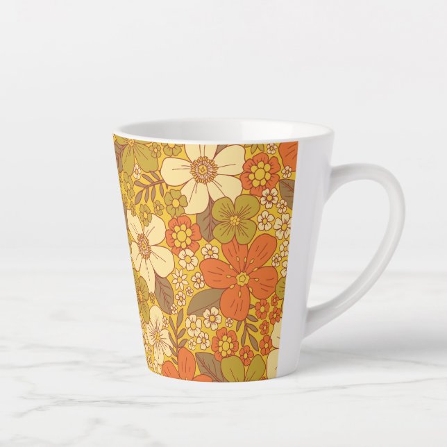 Taza De Café Latte Naranja retro 60/70 y floral verde oliva (Derecha)