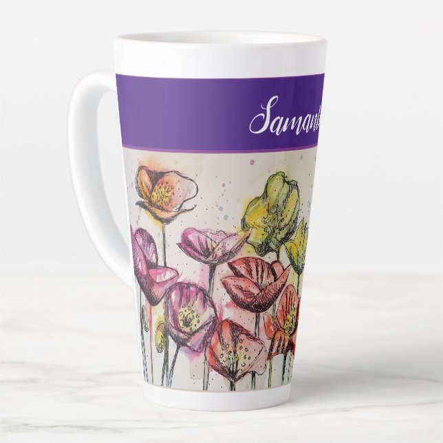 Taza De Café Latte Naranja Rojo Flores de amapola Amarilla Poppies Fl (Ángulo izquierdo)