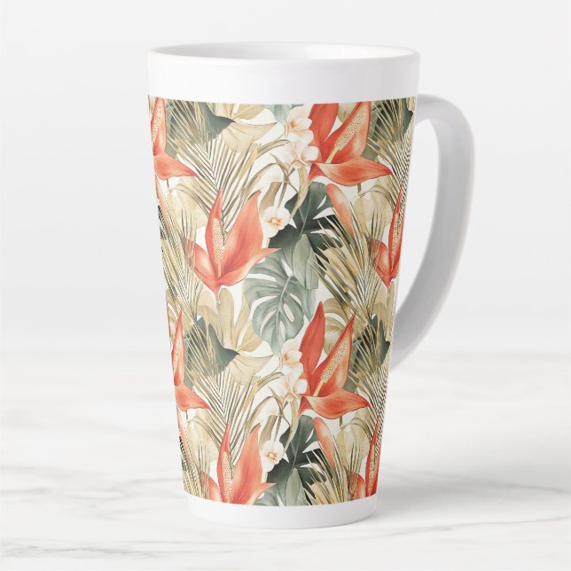 Taza De Café Latte Naranja Tropical Anthurium Selva Floral (Ángulo derecho)