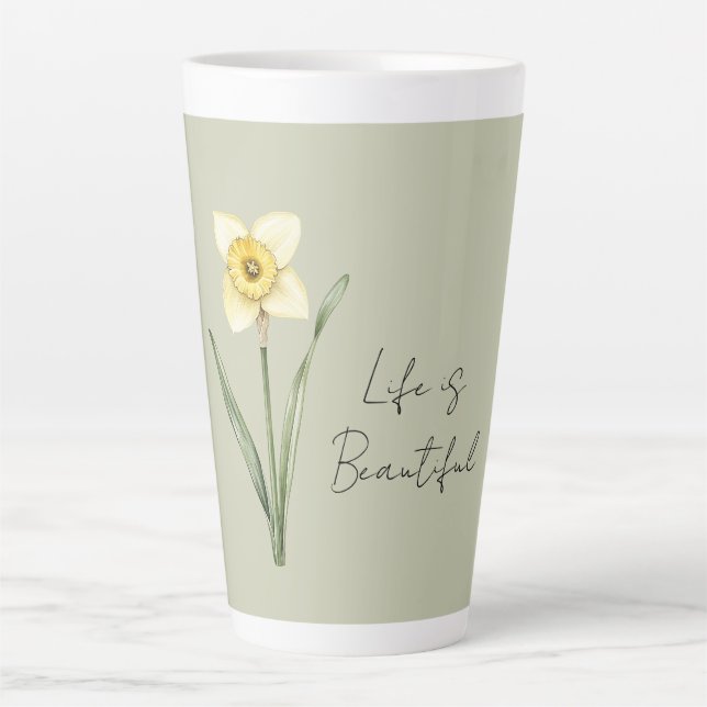 Taza De Café Latte Narciso Flor Amarillo Blanco Verde (Anverso)