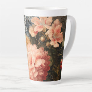 Taza De Café Latte Naturaleza muerta floral vintage con flor roja y b