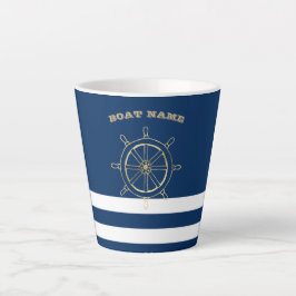 Taza De Café Latte Náutica,Rueda de barco de oro, franjas azules de l