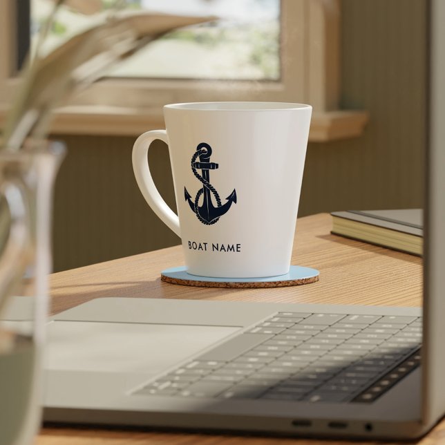 Taza De Café Latte Nautical Bote Nombre personalizado Anclaje Azul de (Nautical Anchor Navy Blue Name Latte Mug)