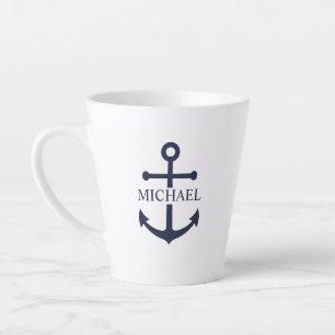 Taza De Café Latte Nautical Navy Blue Anchor Nombre Personalizado