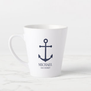 Taza De Café Latte Nautical Navy Blue Anchor Personalizado Groomsmen