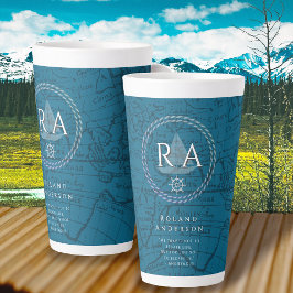 Taza De Café Latte Nautical Rope Monogram Map Blue