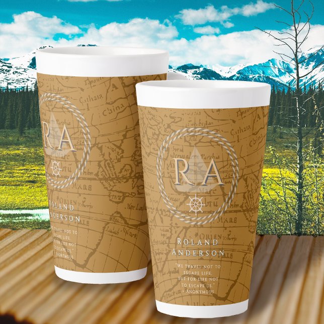 Taza De Café Latte Nautical Rope Monogram Map Brown (Nautical Map Monogram Traveller Brown Latte Mug.)