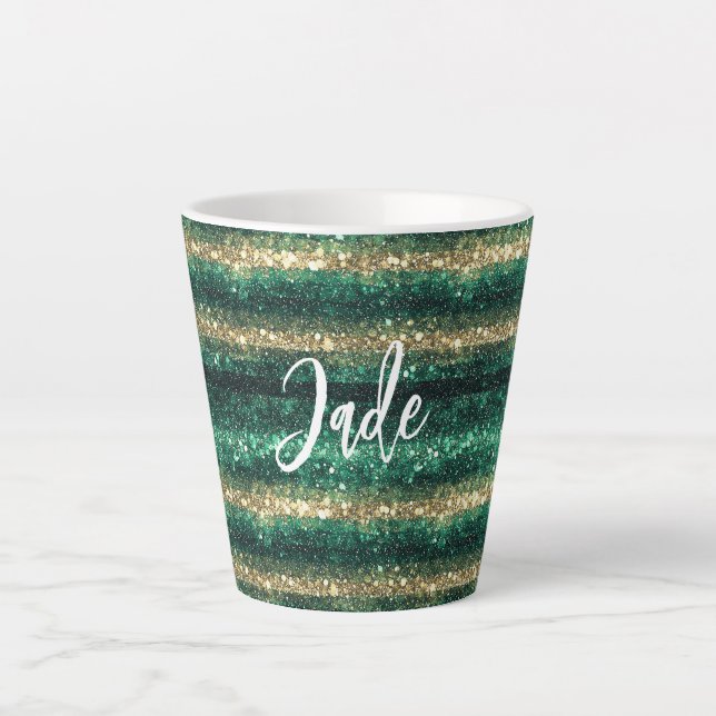 Taza De Café Latte Navidad Brillo Verde Dorado (Anverso)