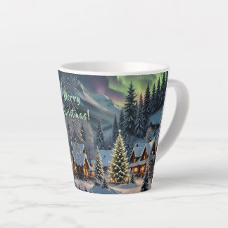 Taza De Café Latte Navidad Mágica, Pueblo de Montaña, Luces Polares