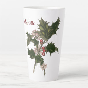 Taza De Café Latte Navidad Vintage, planta de acebo verde con bayas