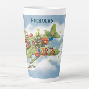 Taza De Café Latte Navidad vintage, Santa Claus volando un avión