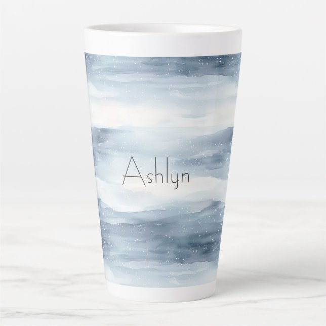 Taza De Café Latte Navidades Blue White Snowflakes (Anverso)