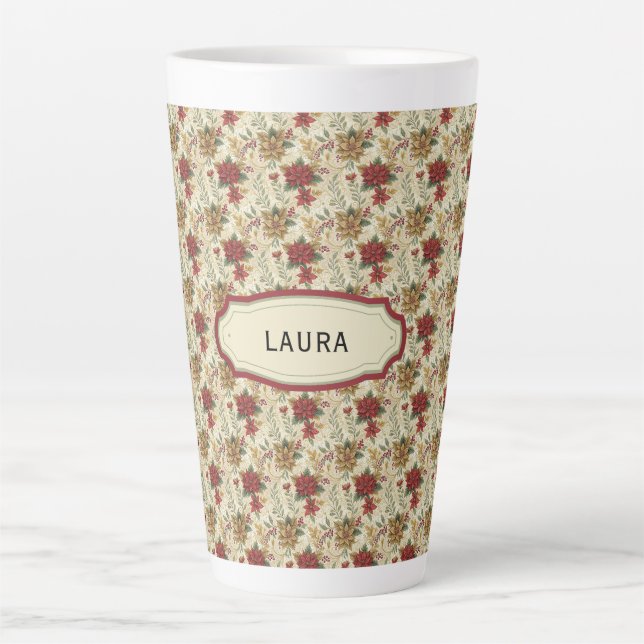 Taza De Café Latte Navidades clásicos nombre personalizado floral (Anverso)
