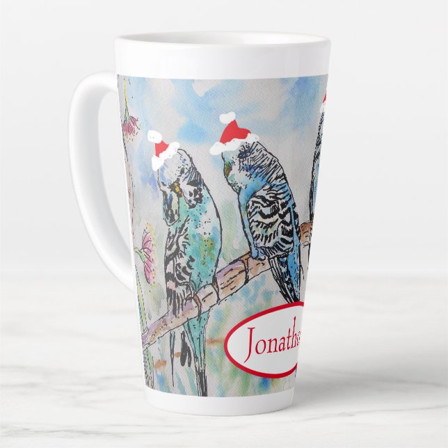 Taza De Café Latte Navidades de Santa Budgie Pájaro de pintura acuáti (Ángulo izquierdo)