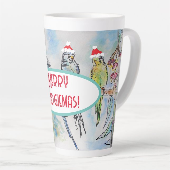Taza De Café Latte Navidades de Santa Budgie Pájaro de pintura acuáti (Ángulo derecho)
