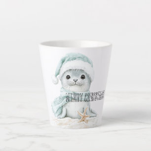 Taza De Café Latte Navidades de sellos de sombrero azul blanco Santa