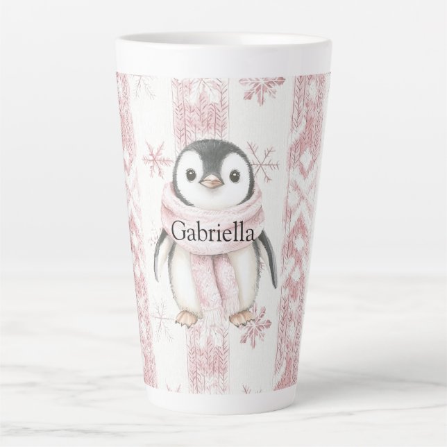 Taza De Café Latte Navidades de Snowflakes con pinguino rosa (Anverso)