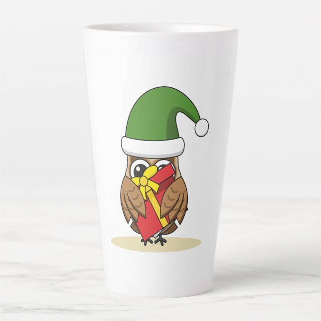 Taza De Café Latte Navidades Elf Owl con presente (Anverso)