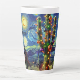 Taza De Café Latte Navidades en el desierto Saguaro Cactus Verde Azul