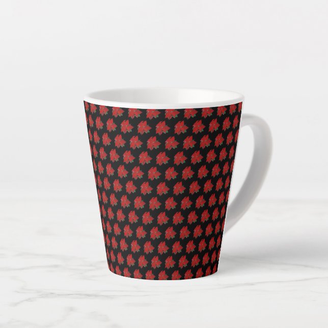Taza De Café Latte Navidades florales Patrón rojo sobre negro (Ángulo derecho)
