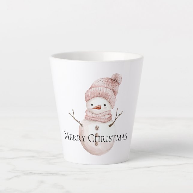 Taza De Café Latte Navidades: Hombre de nieve blanco rosado (Anverso)