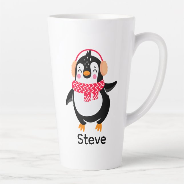 Taza De Café Latte Navidades Jolly Penguin en una bufanda con bocanad (Derecha)