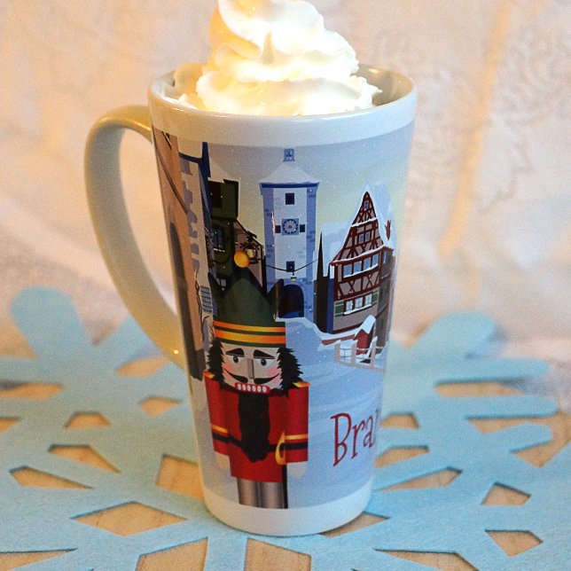 Taza De Café Latte Navidades Nutcracker Nombre personalizado rojo (Nostalgic Festive Christmas Red Nutcracker Hot Cocoa Chocolate Mug with Name, Light Blue, Red)