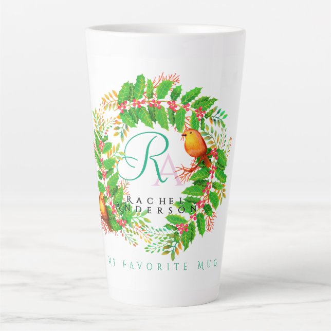 Taza De Café Latte Navidades Wreath Monograma Blanco (Anverso)